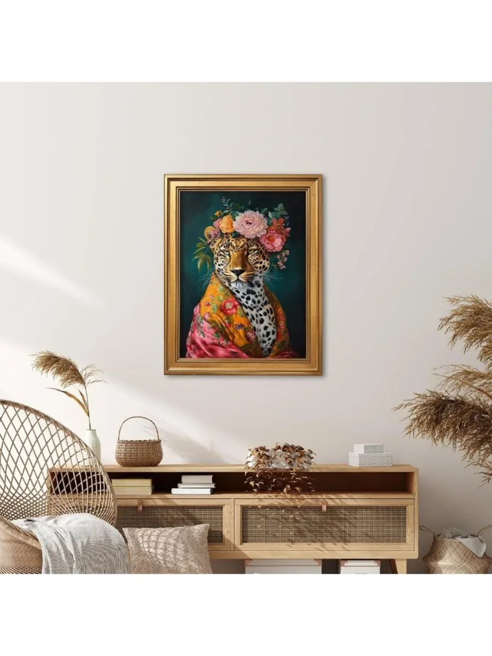 Colorful Floral Leopard Wall Art Canvas Print - Vintage Jungle Decor 12x16